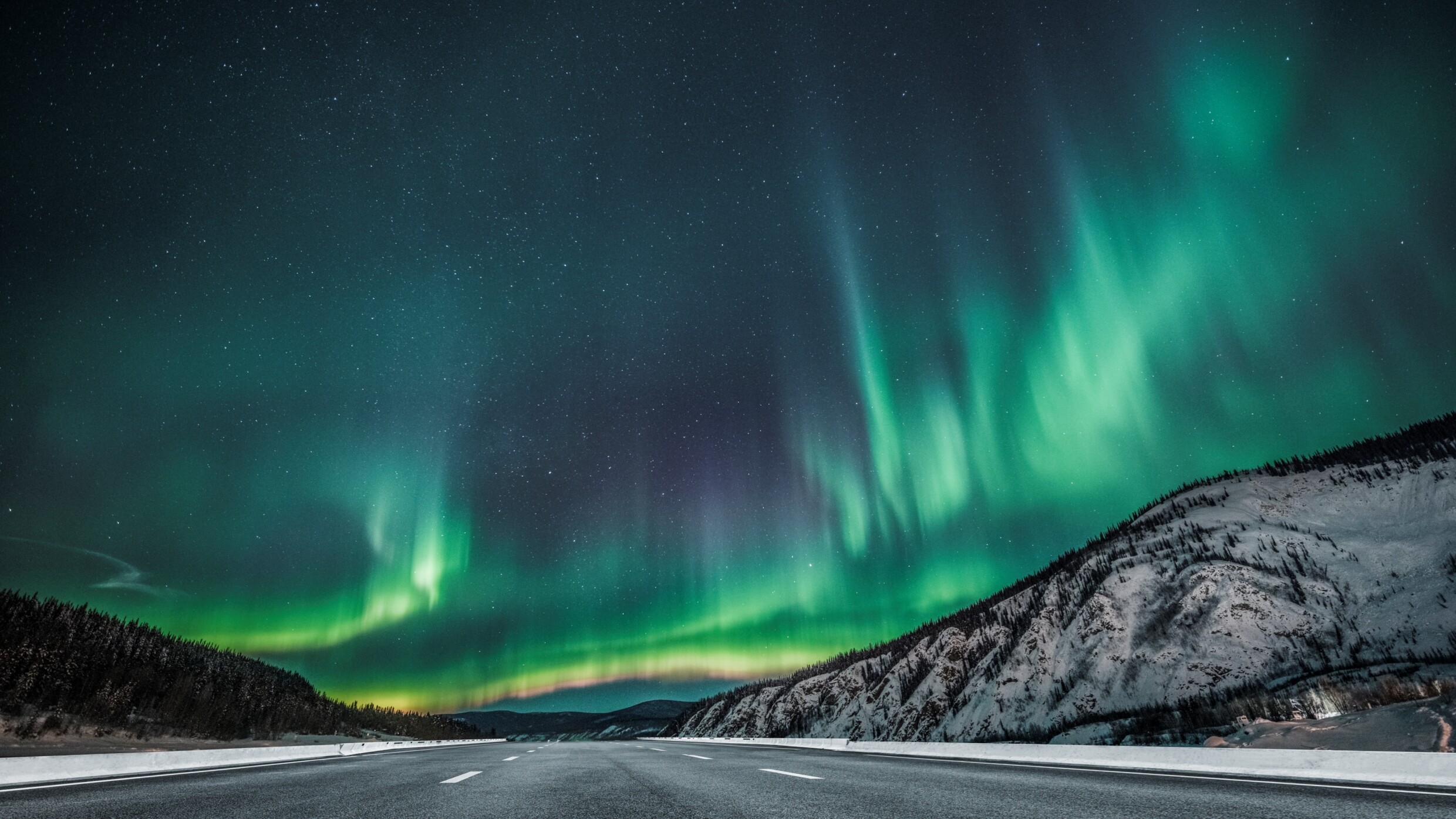 Polarlichter über einer leeren Straße